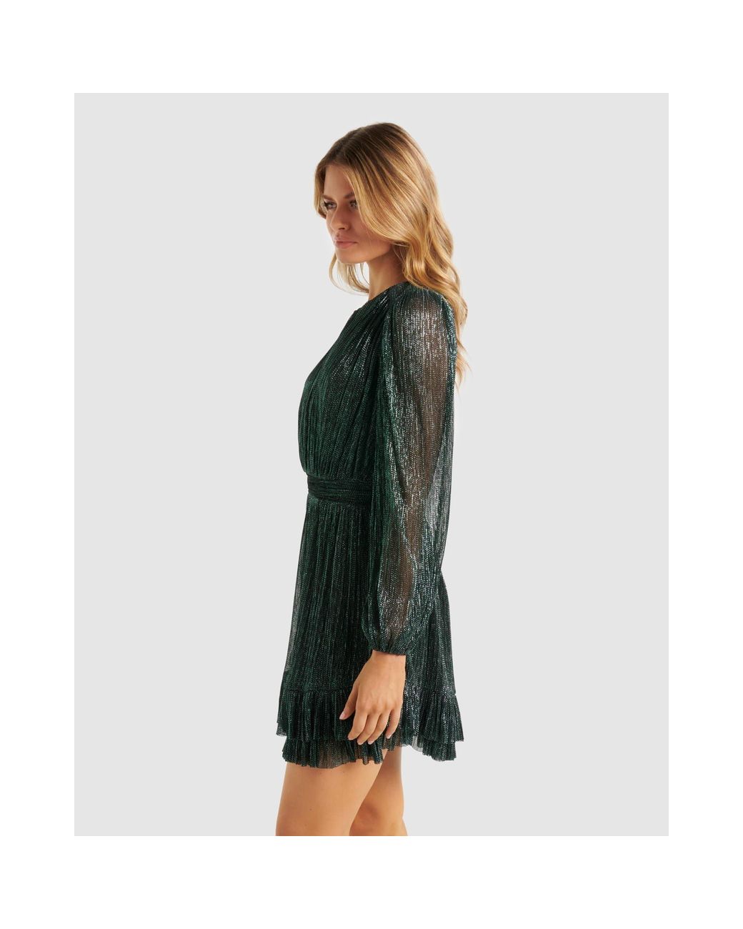 Forever New Goldie Long Sleeve Plisse Mini Dress in Green | Lyst UK