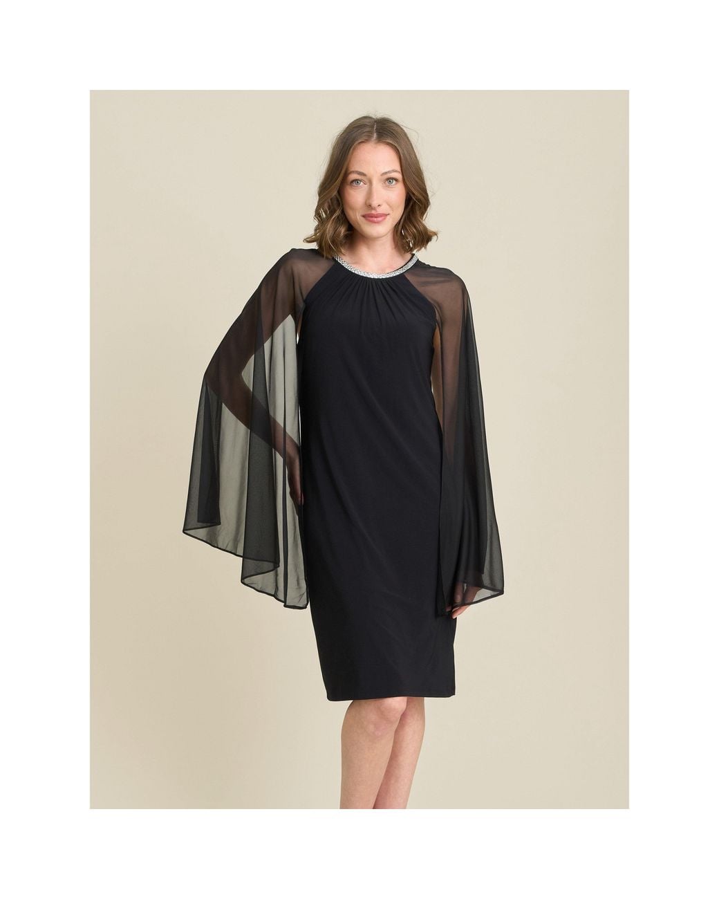 Gina Bacconi Black Shyla Sheer Sleeve & Crystal Trim Dress