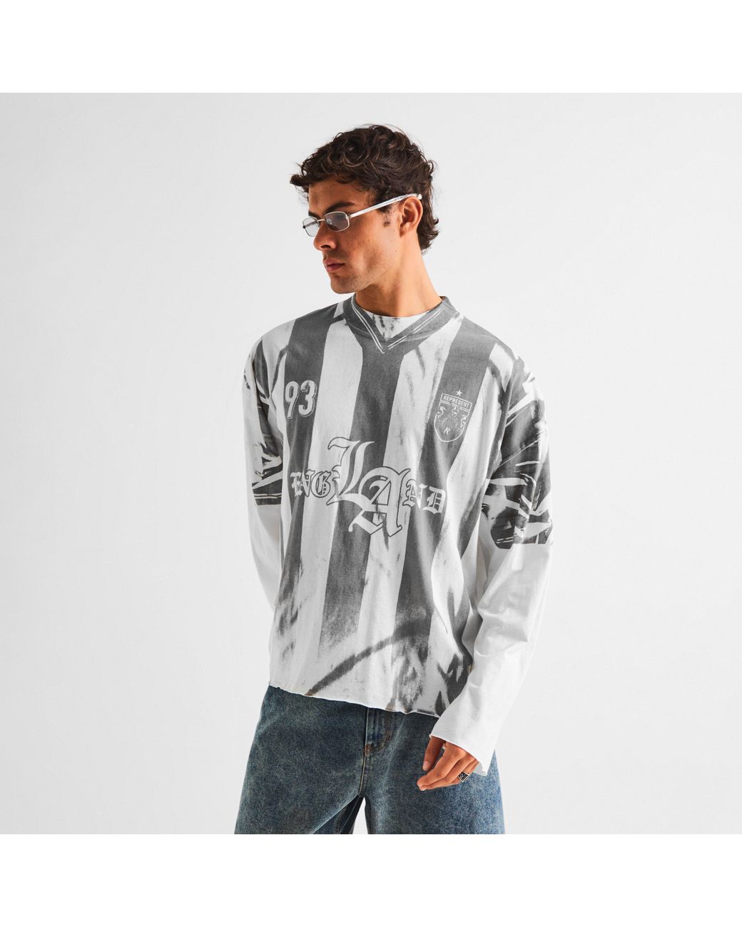 Represent Gray England Long-Sleeve Cotton Graphic Oversized T-Shirt for men