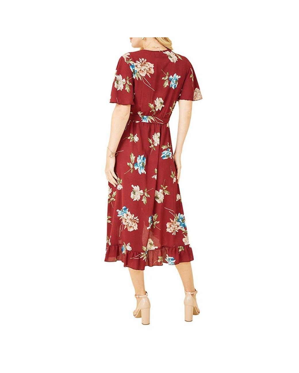 Mela London Red Floral Dip Hem Midi Wrap Dress