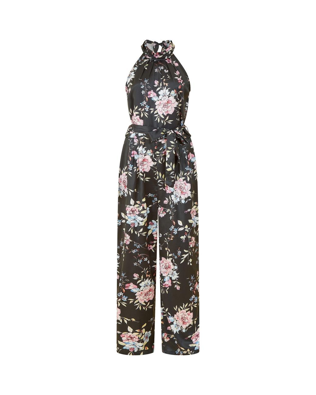 Yumi' Natural Floral Satin Halter Neck Jumpsuit