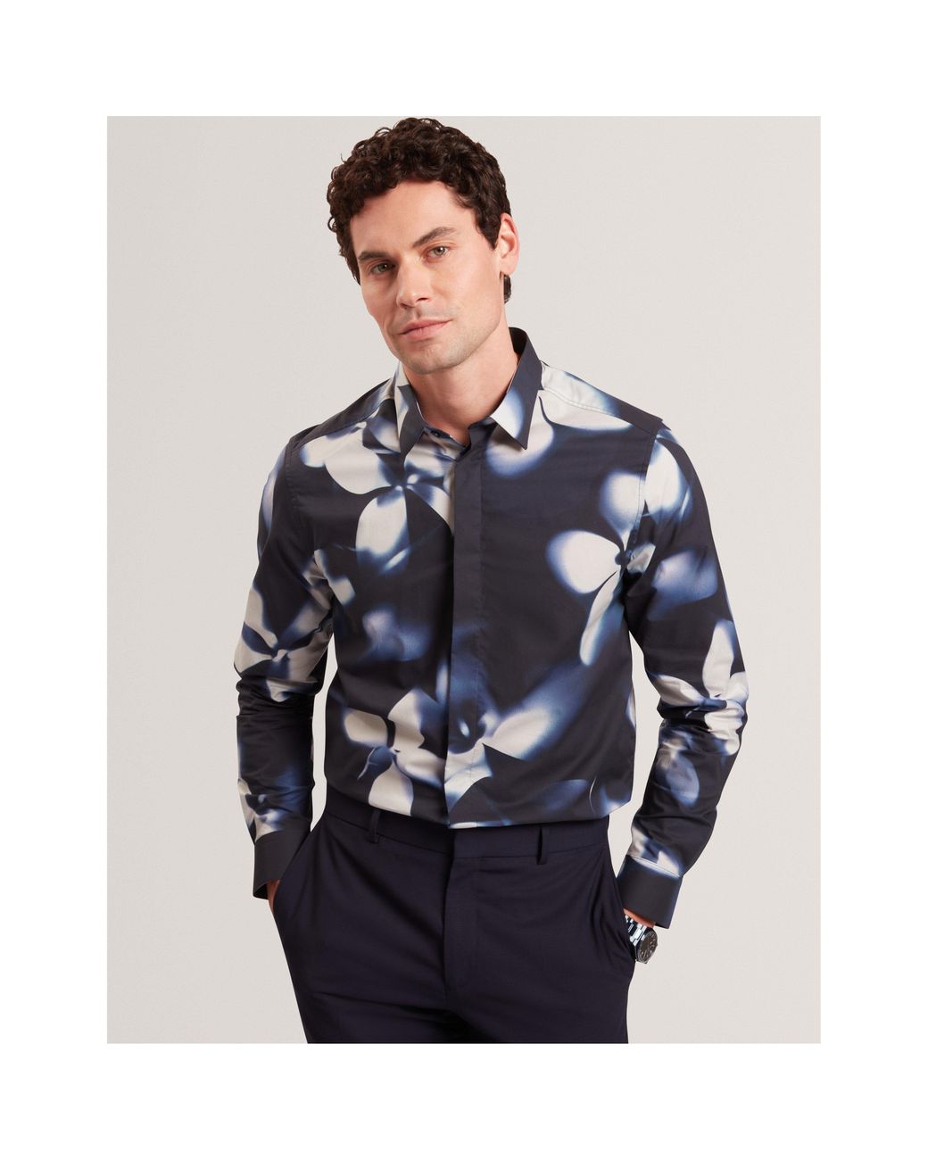 Ted Baker Blue Long Sleeve Floral Patterned Shirt for men