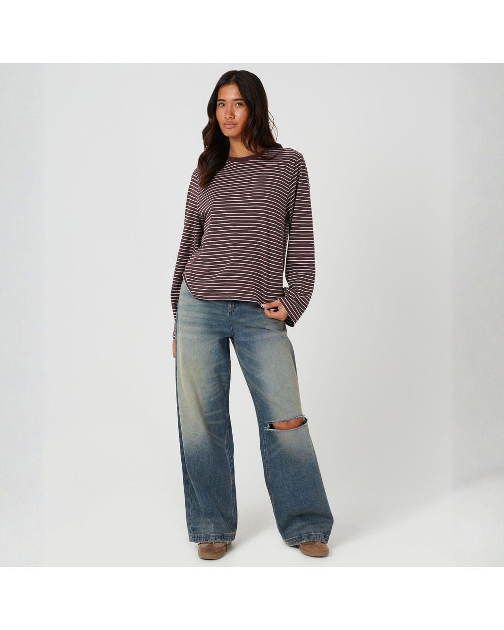 Brave Soul Red Ladies Yarn Dye Stripe Long Sleeve Top