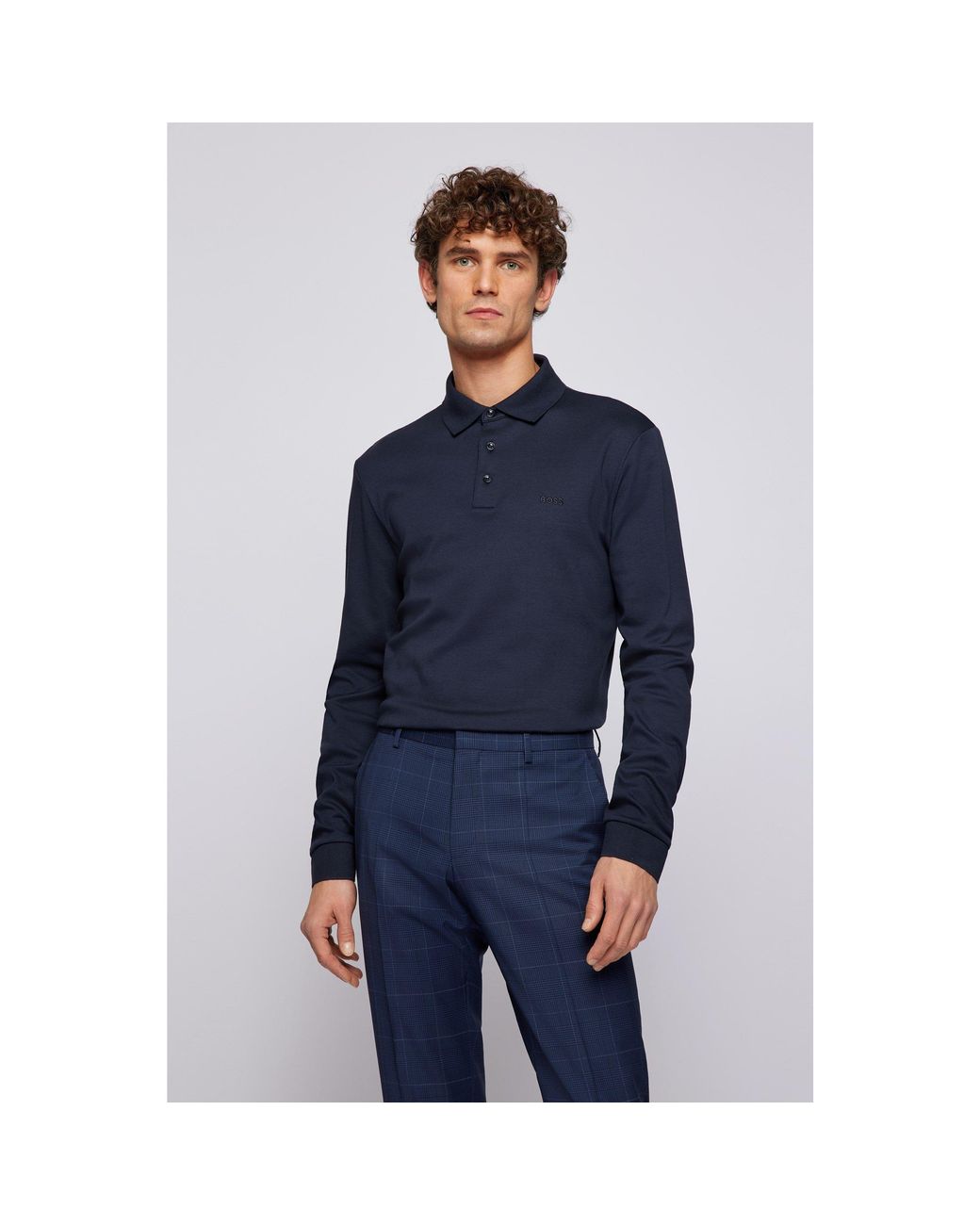 Boss Blue Hbb Pado 30 Long-Sleeve Polo Shirt, Iconic Logo Embroidered for men