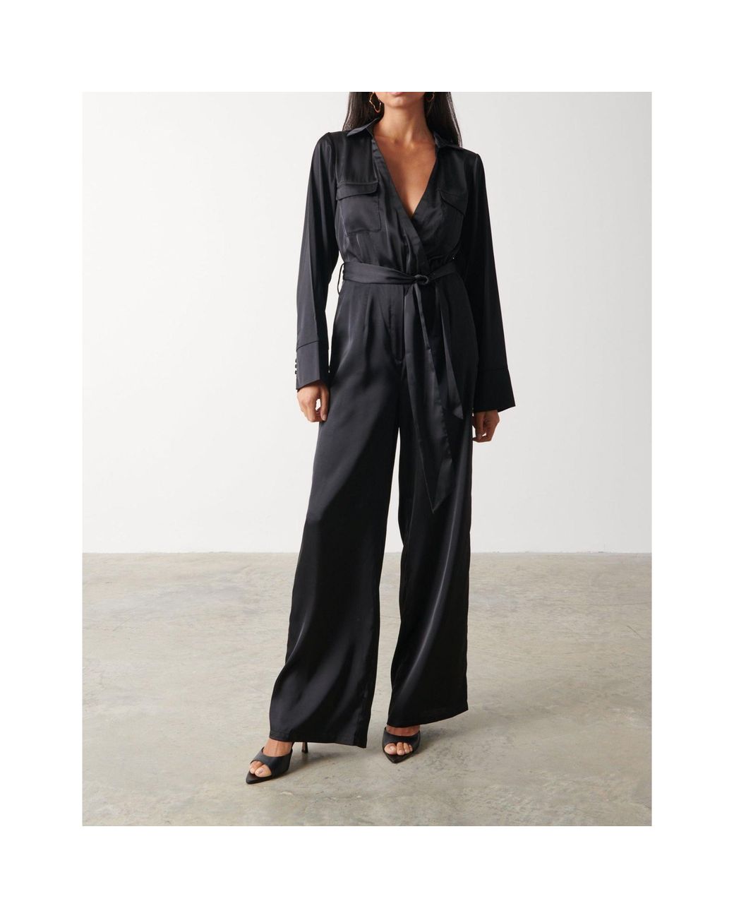 Pretty Lavish Black Carmen Collared Satin Long-Sleeve Jumpsuit