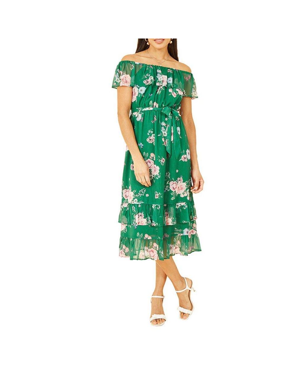 Yumi' Green Floral Bardot Midi Swing Dress