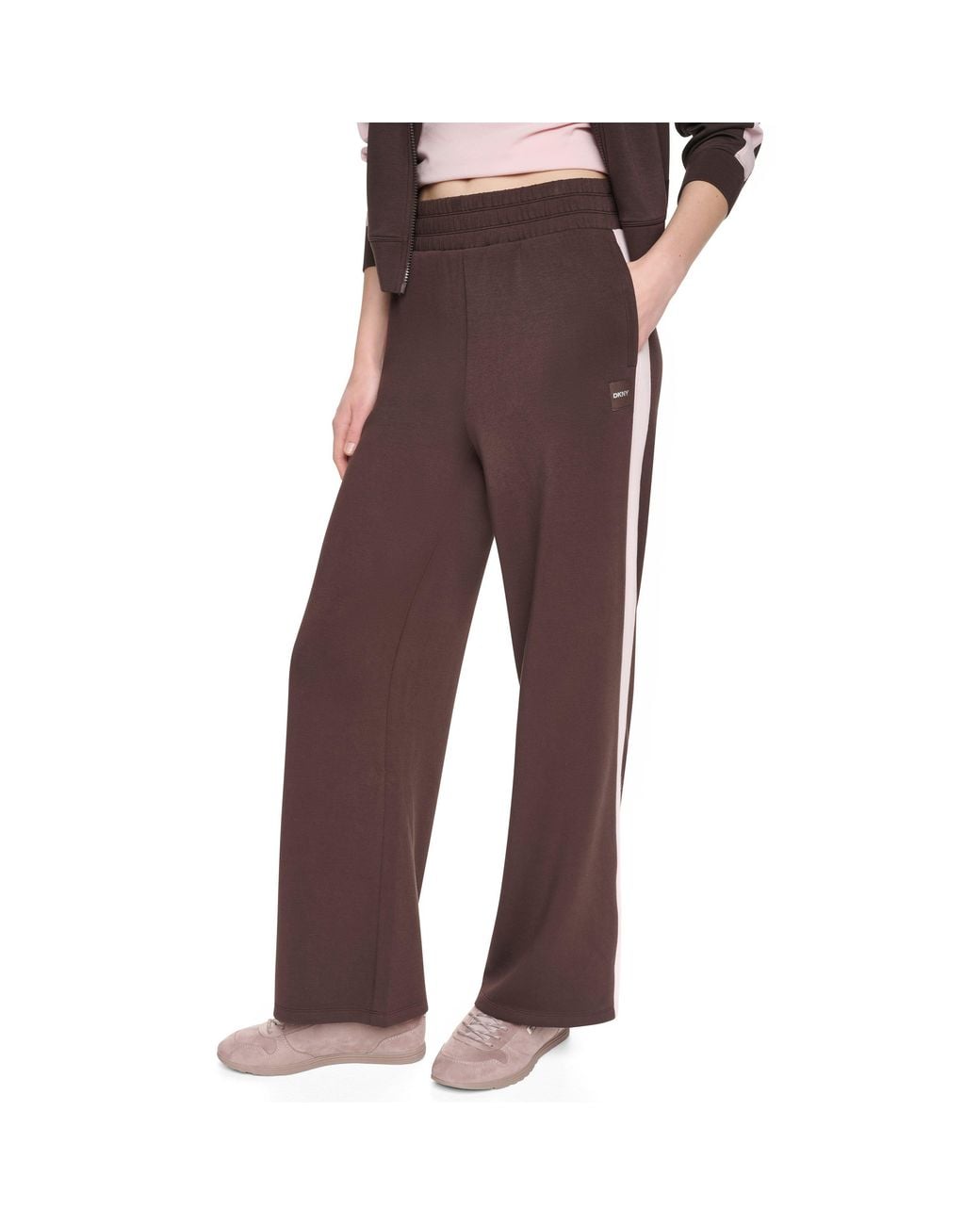 DKNY Brown Sport Striped Fleece Open-Hem Wide-Leg Joggers