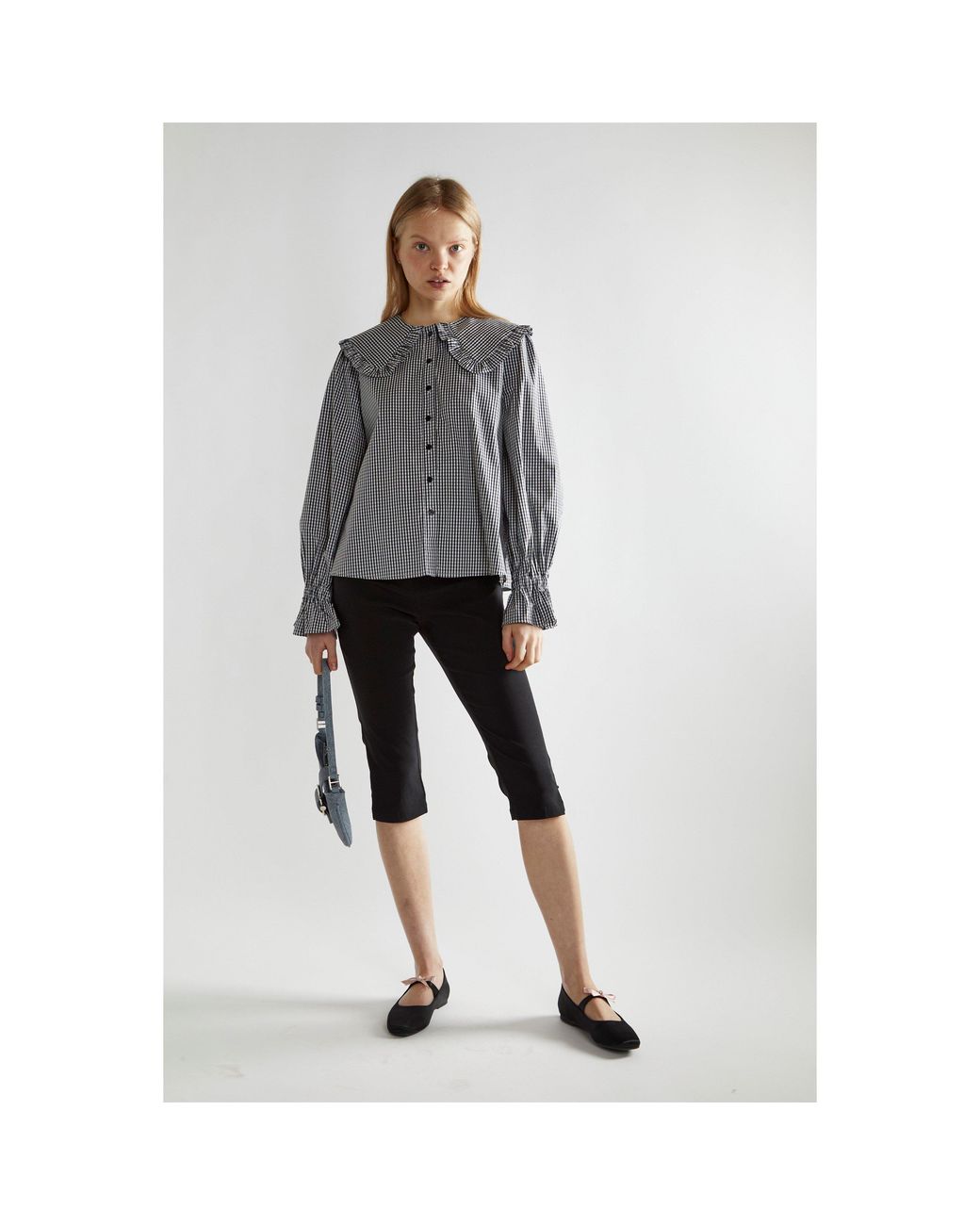 Glamorous Gray Gingham Statement-Collar Blouse