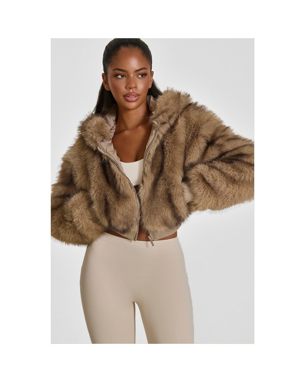 Mars the Label Natural Monroe Faux Fur Cropped Hooded Teddy Coat