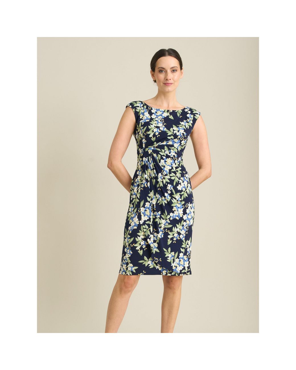 Gina Bacconi Blue Poppie Sleeveless Faux Wrap Floral Dress