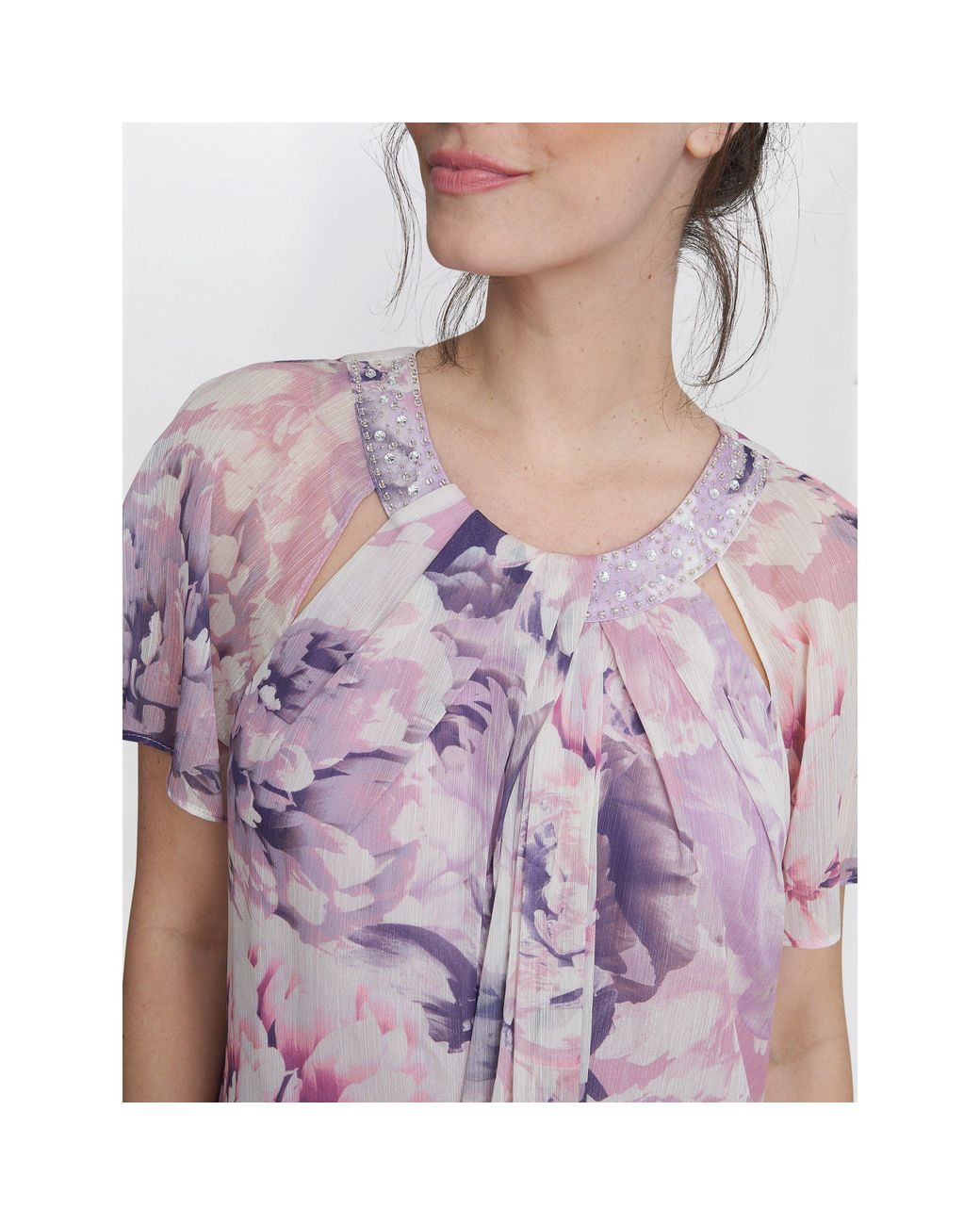 Gina Bacconi Purple Erika Printed Dress With Embellished Neckline