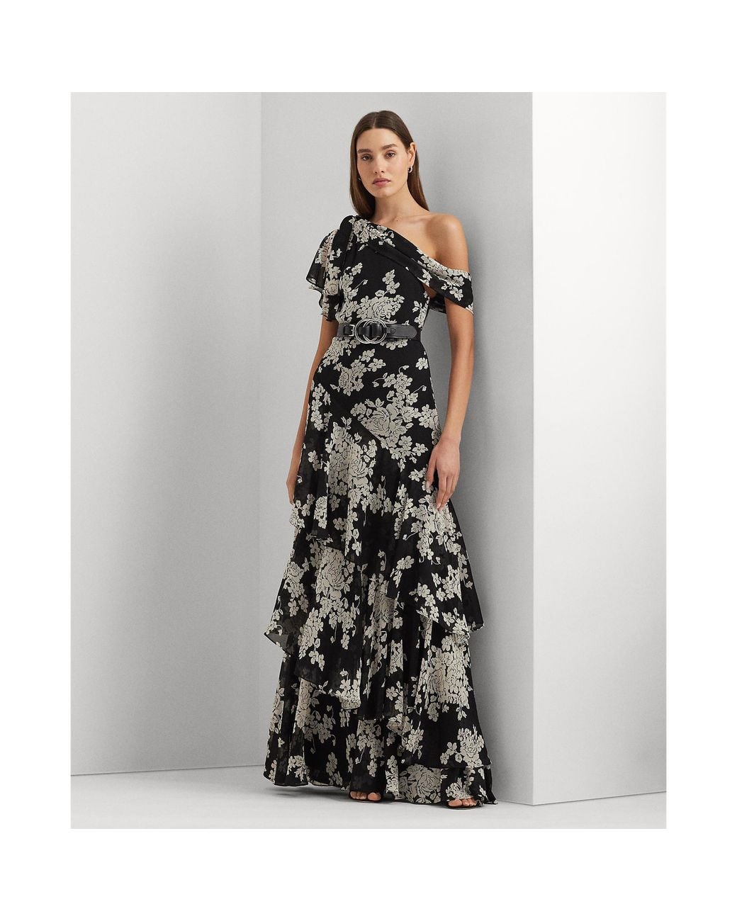 Ralph Lauren Black Floral Georgette One-Shoulder Gown