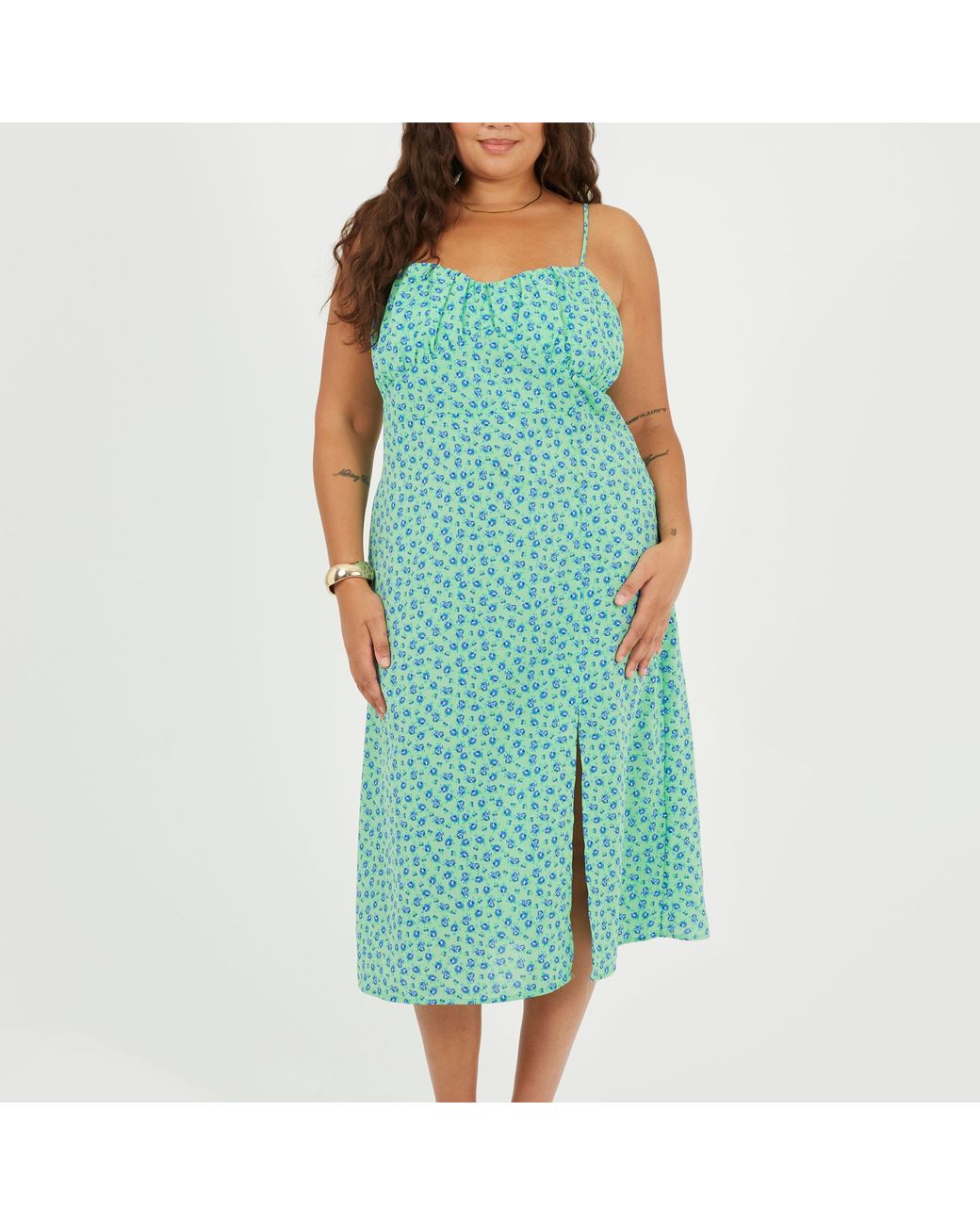 Brave Soul Green Bs Plus Size Strappy Floral Midi Dress With Split Detail