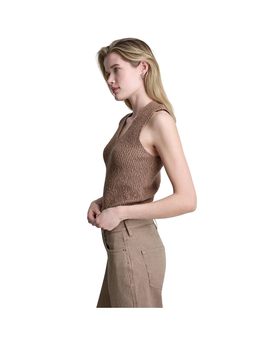DKNY Brown Sleeveless V-Neck Rib Slub Sweater
