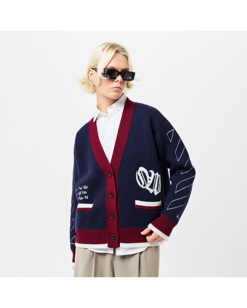 Off-White c/o Virgil Abloh Blue Varsity Button Front Knit Cardigan