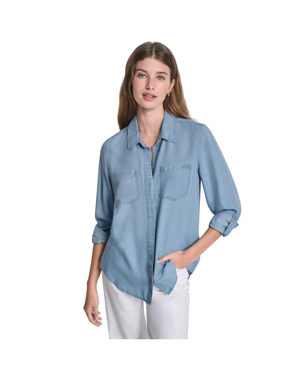 DKNY Blue Jeans Split Back Button Front Tencel Shirt W/ Roll Tab Sleeve
