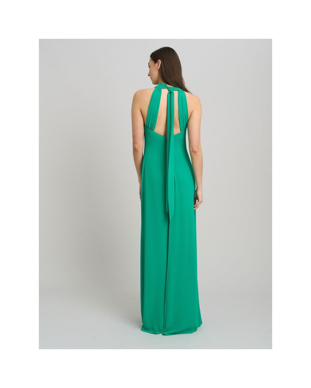 Gina Bacconi Green Marcie Chiffon Tie Neck Maxi Dress