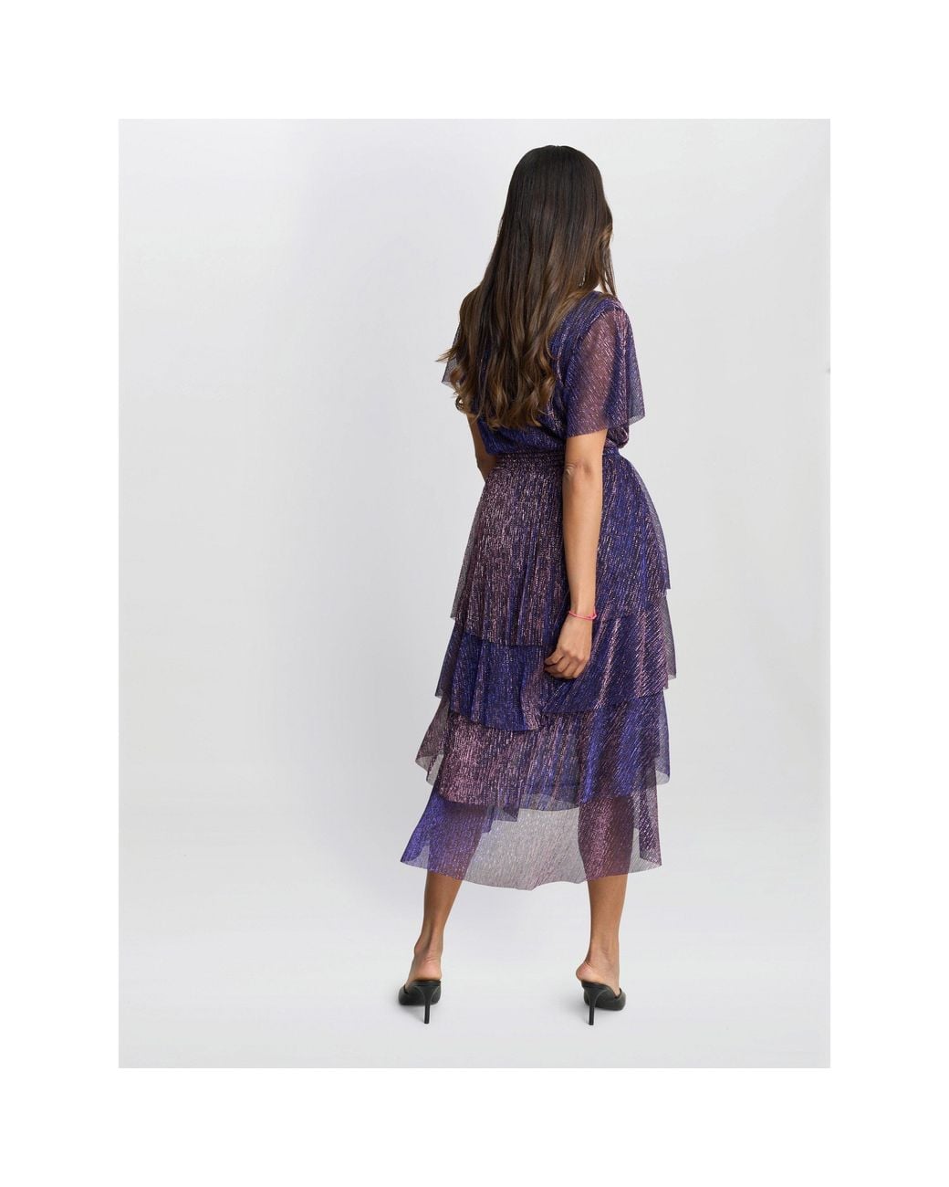 Gina Bacconi Blue Cheri Metallic Knit Tiered Dress