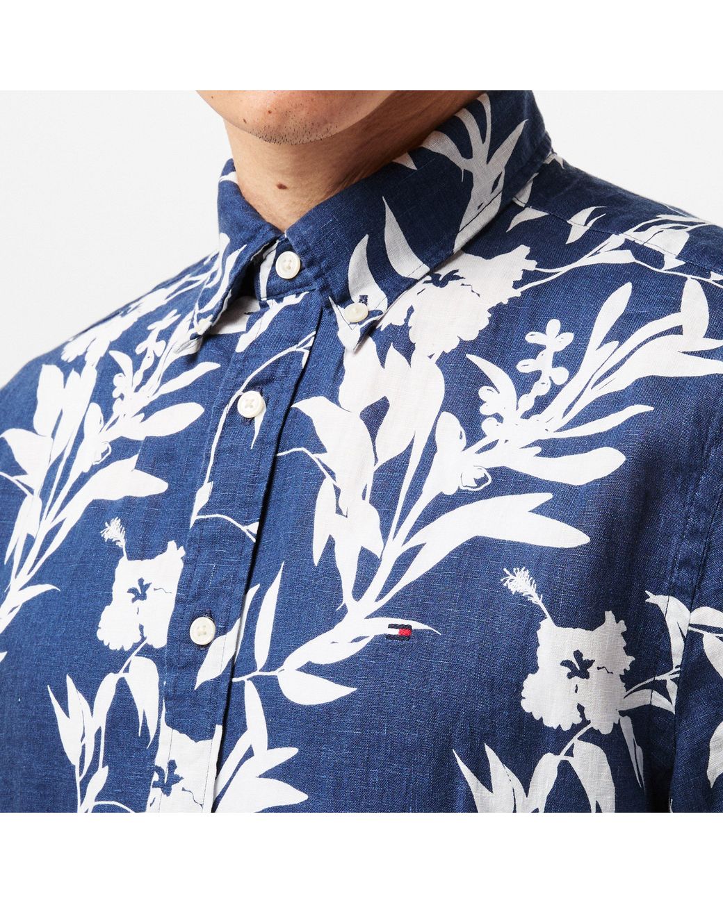 Tommy Hilfiger Blue Linen Tropical Print Short-Sleeve Patterned Shirt for men