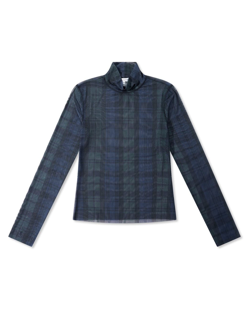 GOOD AMERICAN Blue Mesh Tartan Turtle-Neck Slim-Fit Long-Sleeve T-Shirt
