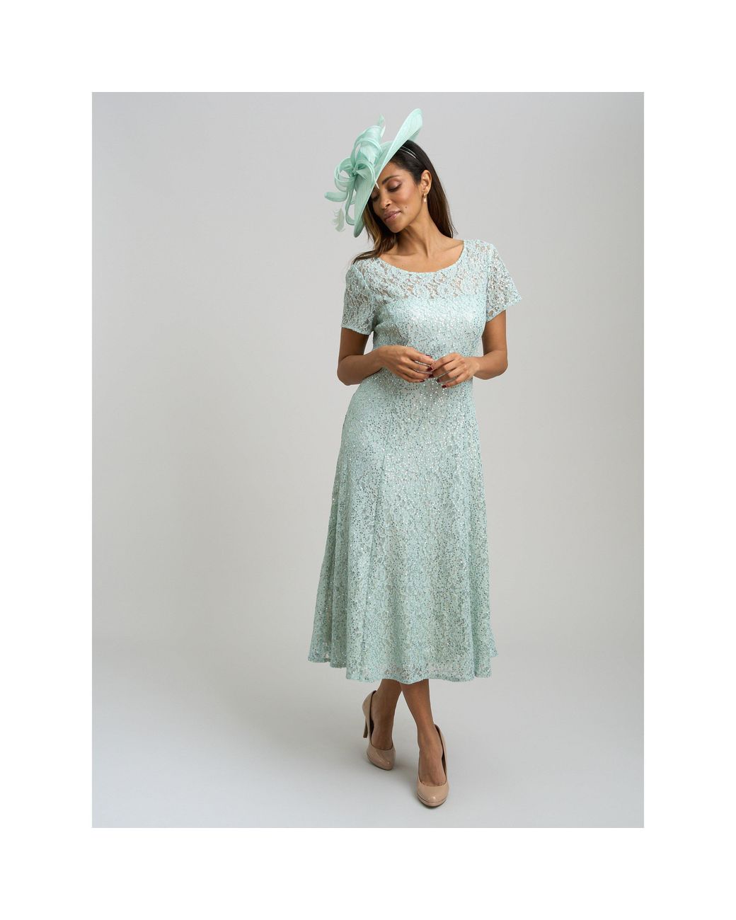 Gina Bacconi Blue Genny Cap Sleeve Midi Sequin Lace Dress