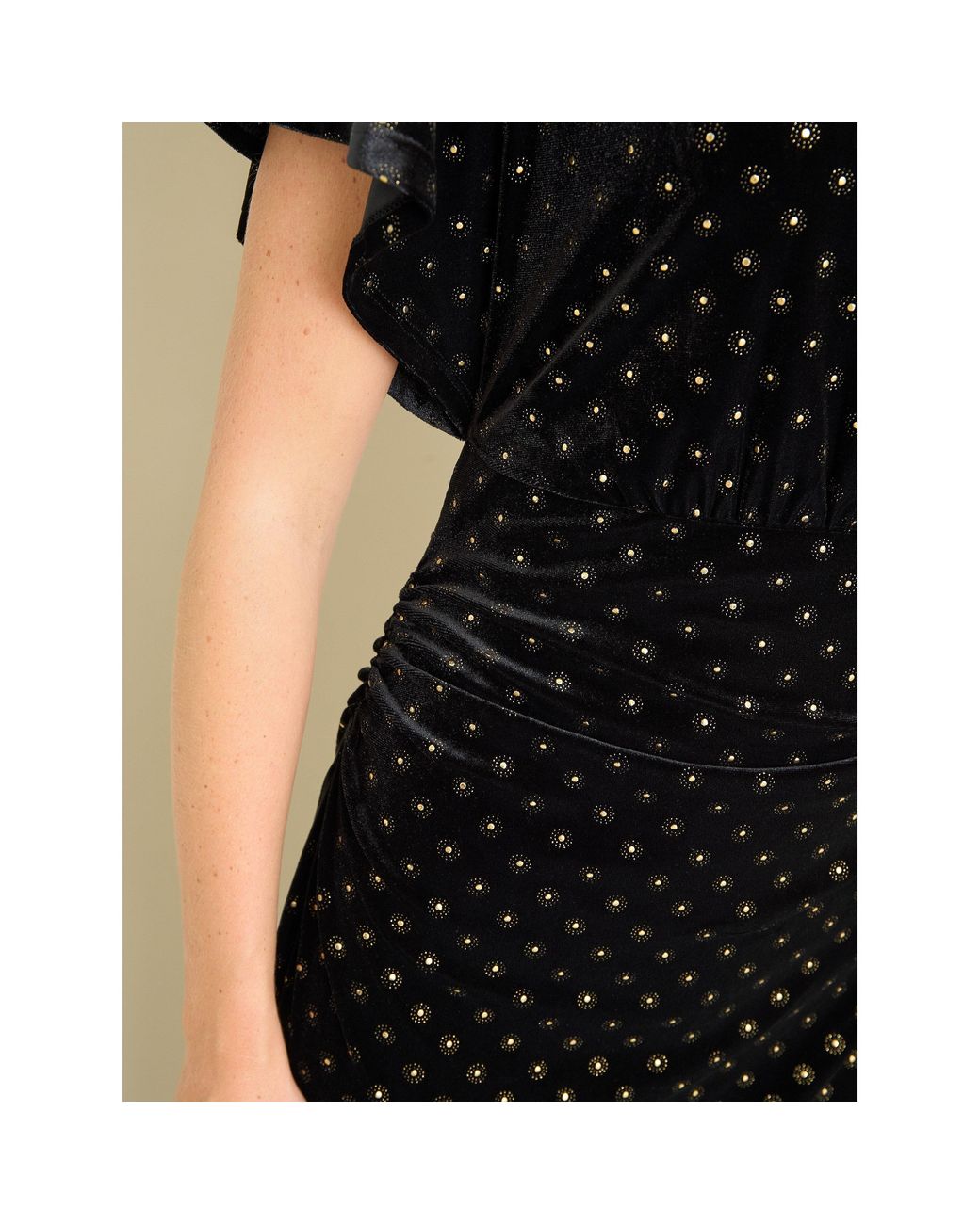 Gina Bacconi Black Iris Studded Draped Velvet Midi Dress