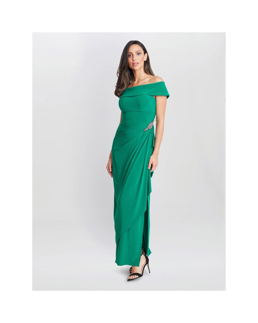 Gina Bacconi Green Jodie Off Shoulder Jersey Dress With Hip Detail