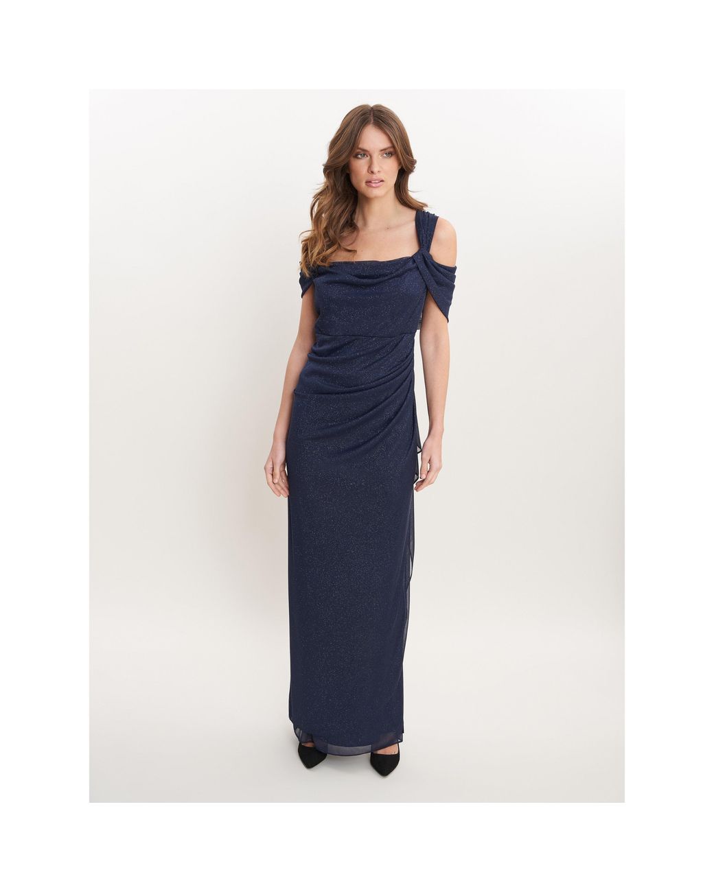 Gina Bacconi Blue Shree Cold Shoulder Glitter Mesh Dress