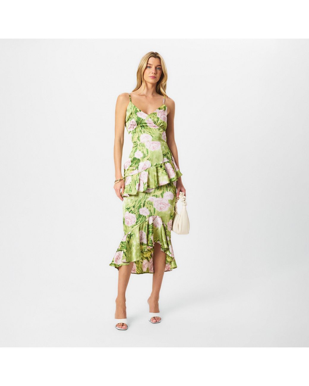 AX Paris Green Floral Satin Ruffle Midi Dress
