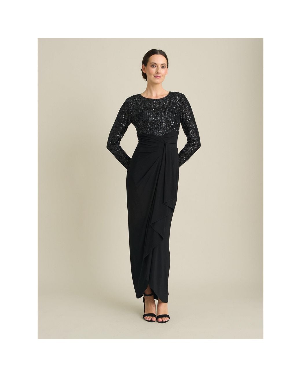 Gina Bacconi Black Steffi Sequin Ruched Draped Maxi Dress