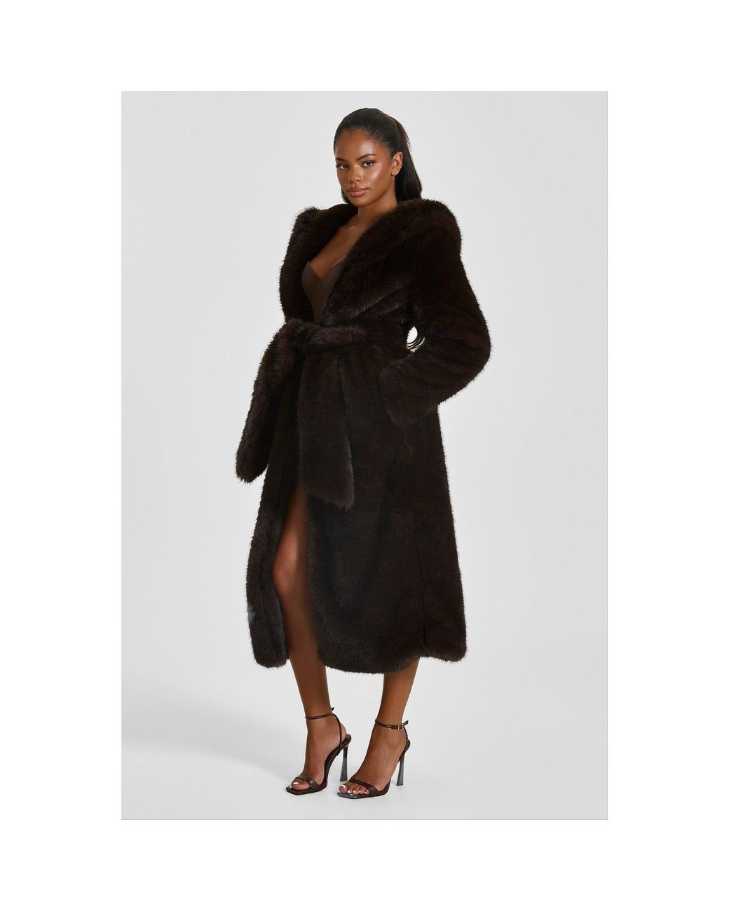 Mars the Label Black Maple Faux Fur Hooded Belted Oversized-Fit Teddy Coat