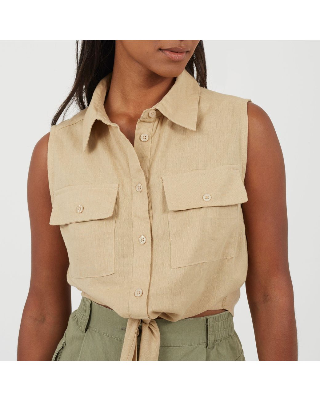 Brave Soul Green Sleeveless Collared Top With Tie Detail