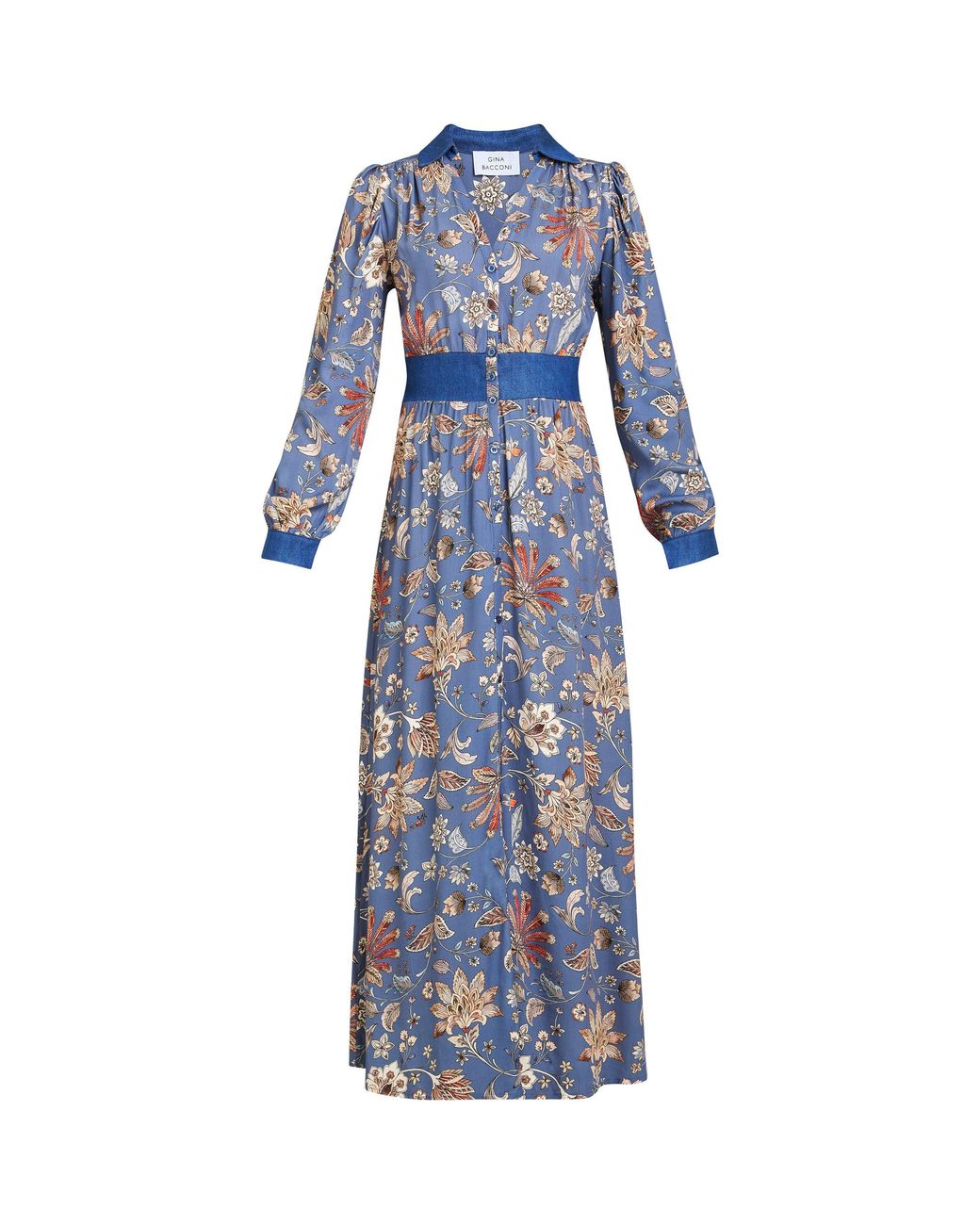 Gina Bacconi Blue Regina Waisted Chambray Detail Dress