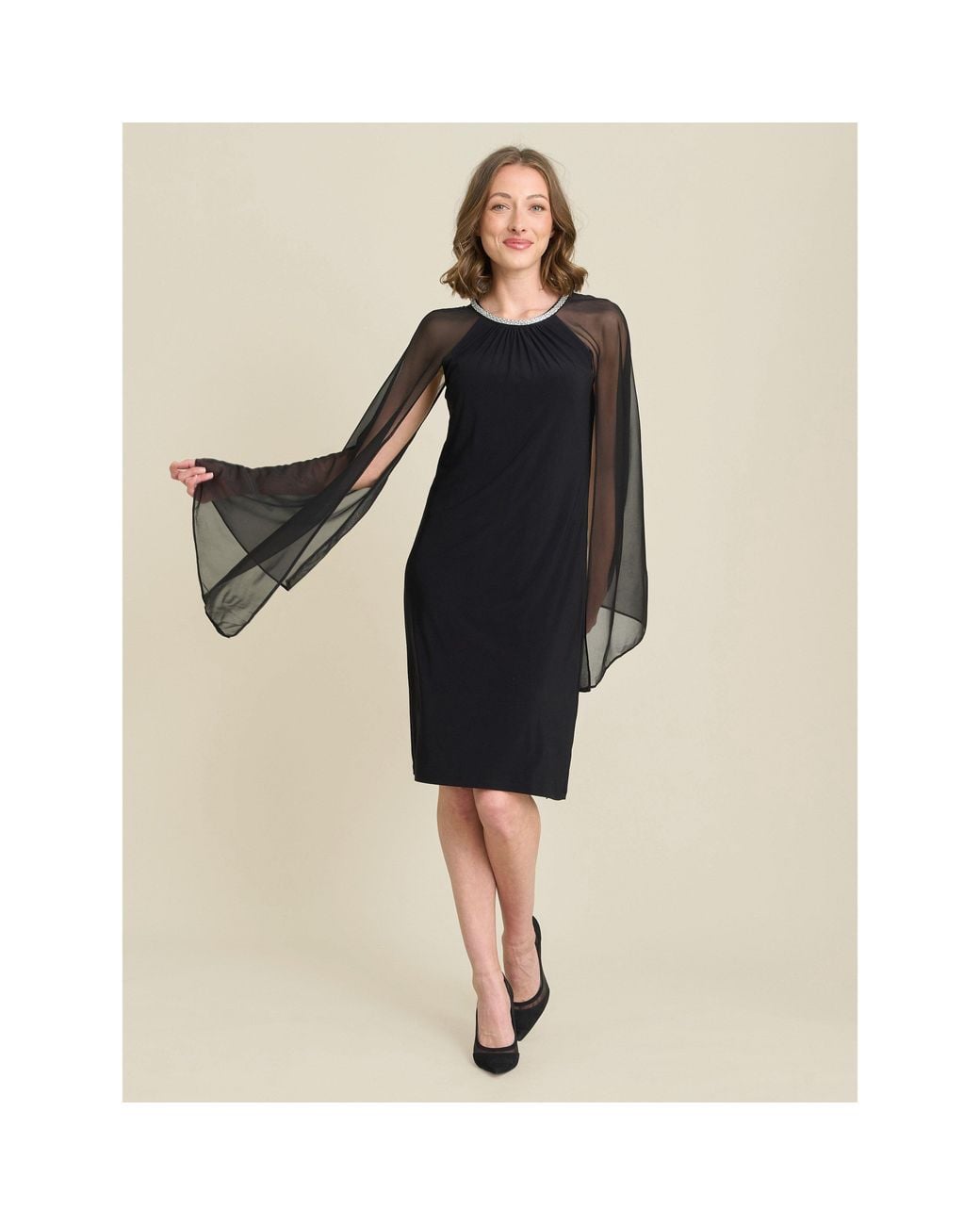 Gina Bacconi Black Shyla Sheer Sleeve & Crystal Trim Dress