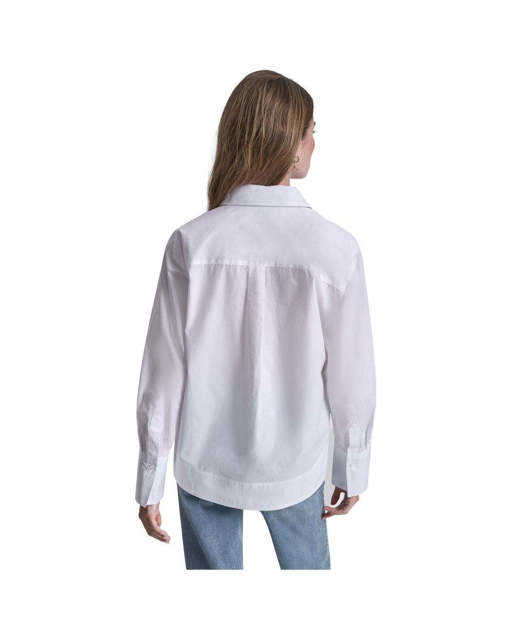 DKNY Purple Jeans Poplin Shirt W/ Rhinestone Buttons & Stepped Hem