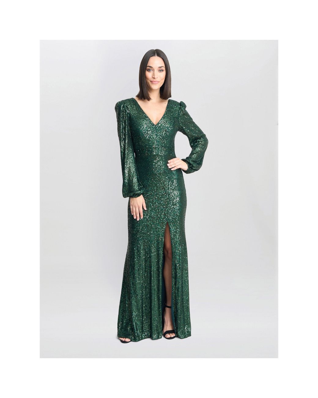 Gina Bacconi Green Alison Sequn V Neck Maxi Dress