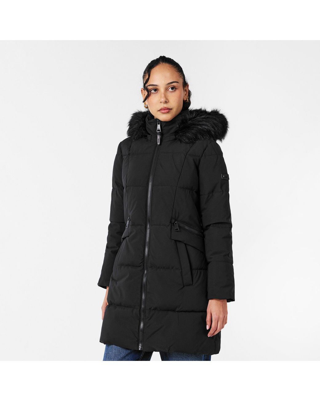 DKNY Black Quilted Fur Hood Tailored Fit Medium Puffer Jacket