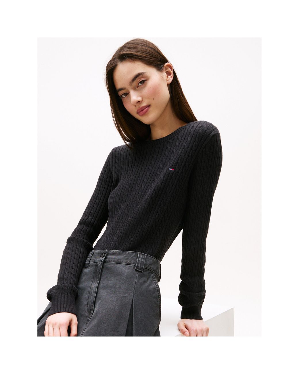 Tommy Hilfiger Black Cable Knit Crew Neck Jumper