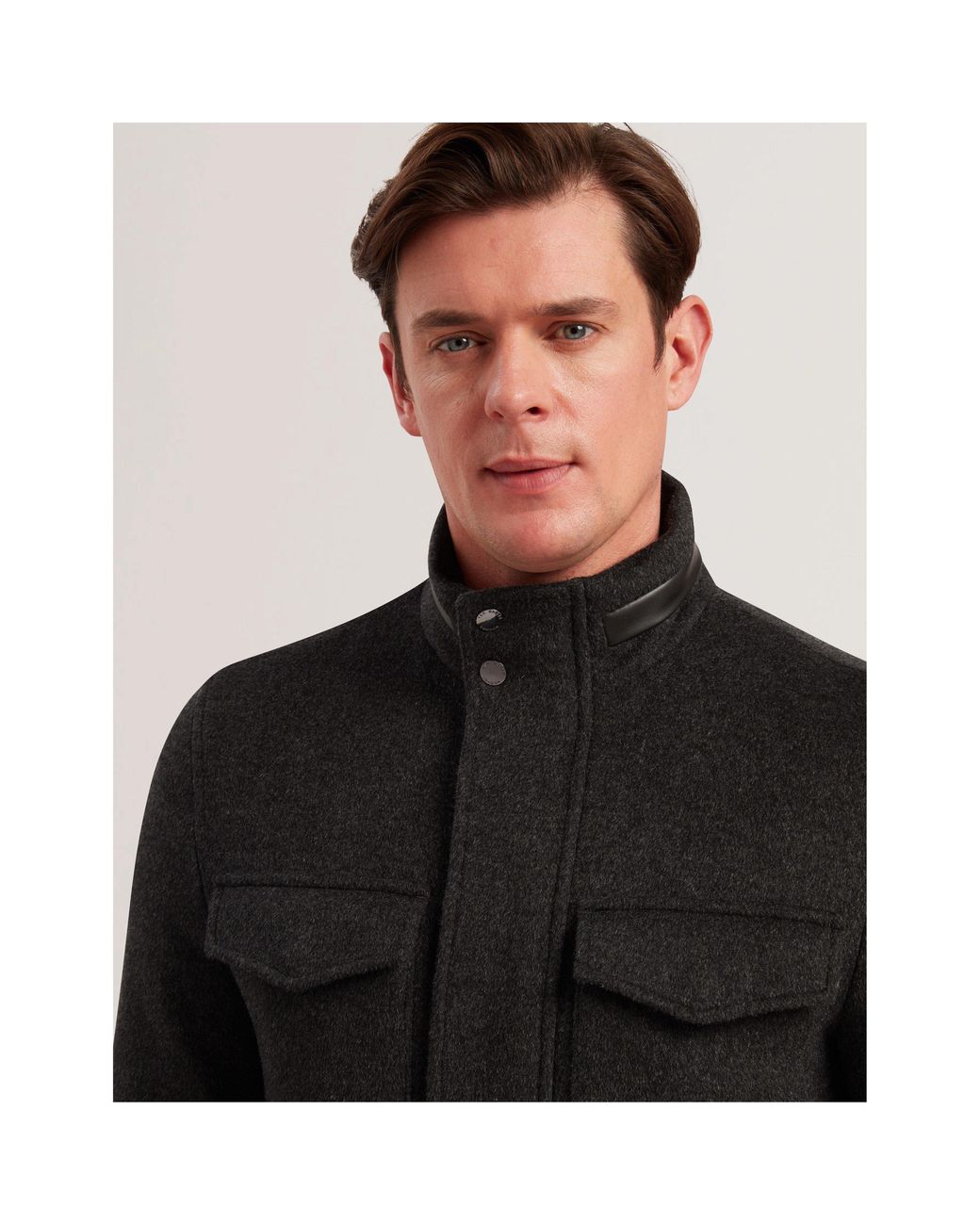 Ted Baker Black Funnel Neck Overcoat for men