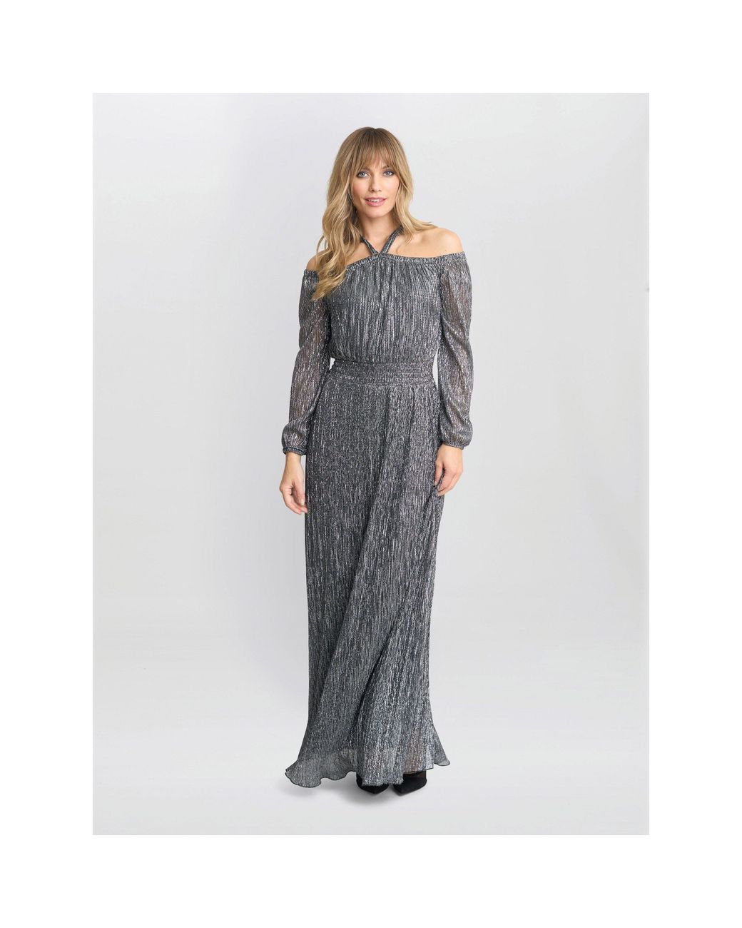 Gina Bacconi Gray Sylvia Metallic Off The Shoulder Dress