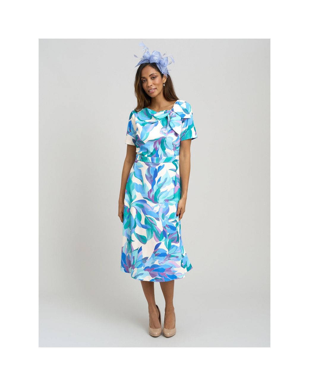 Gina Bacconi Blue Parker Tie Neck Print Dress