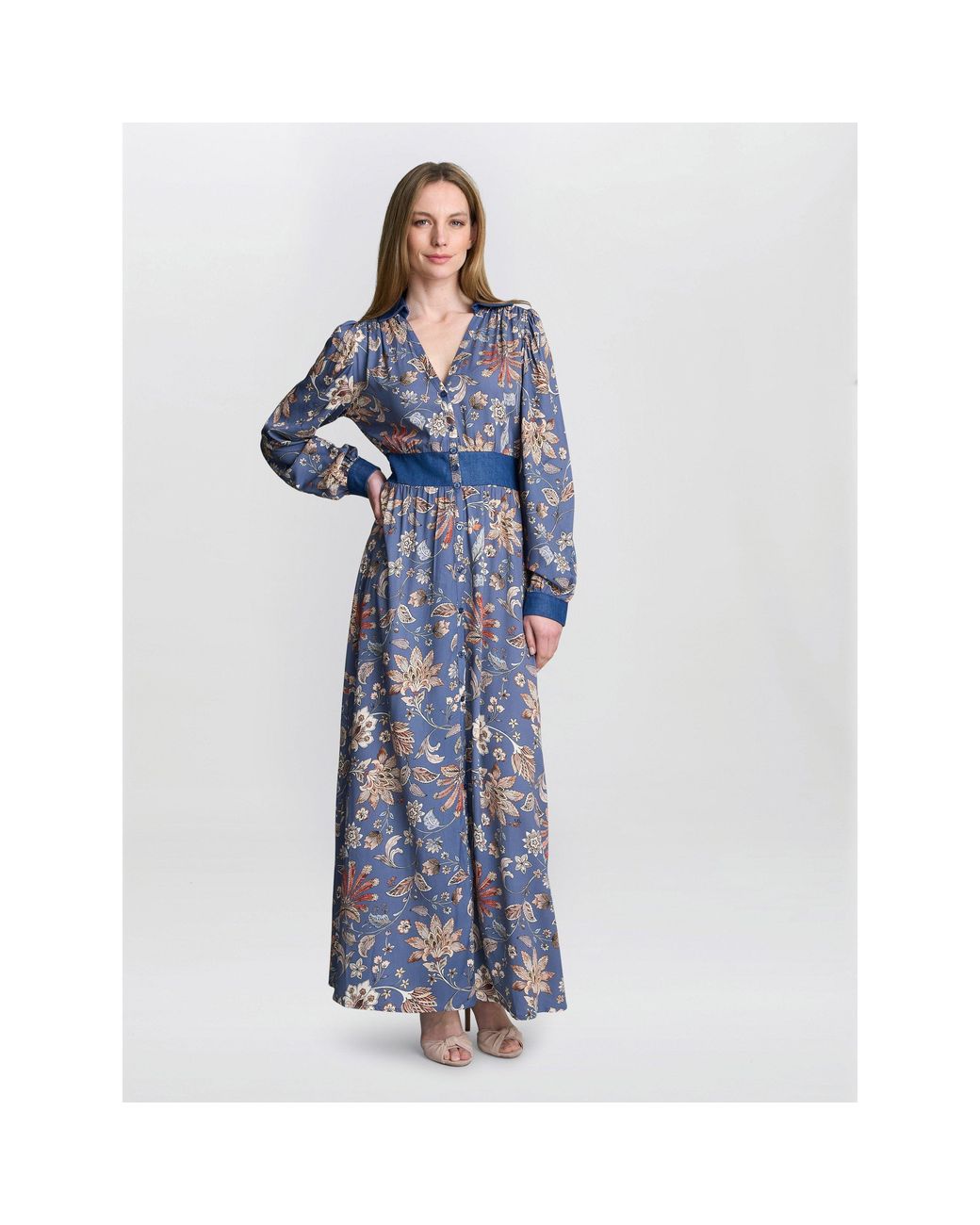 Gina Bacconi Blue Regina Waisted Chambray Detail Dress