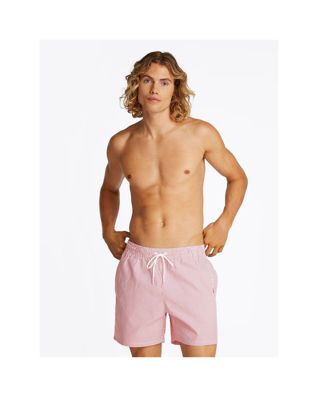 Tommy Hilfiger Pink Ithaca Stripe Medium Length Drawstring Swim Shorts for men