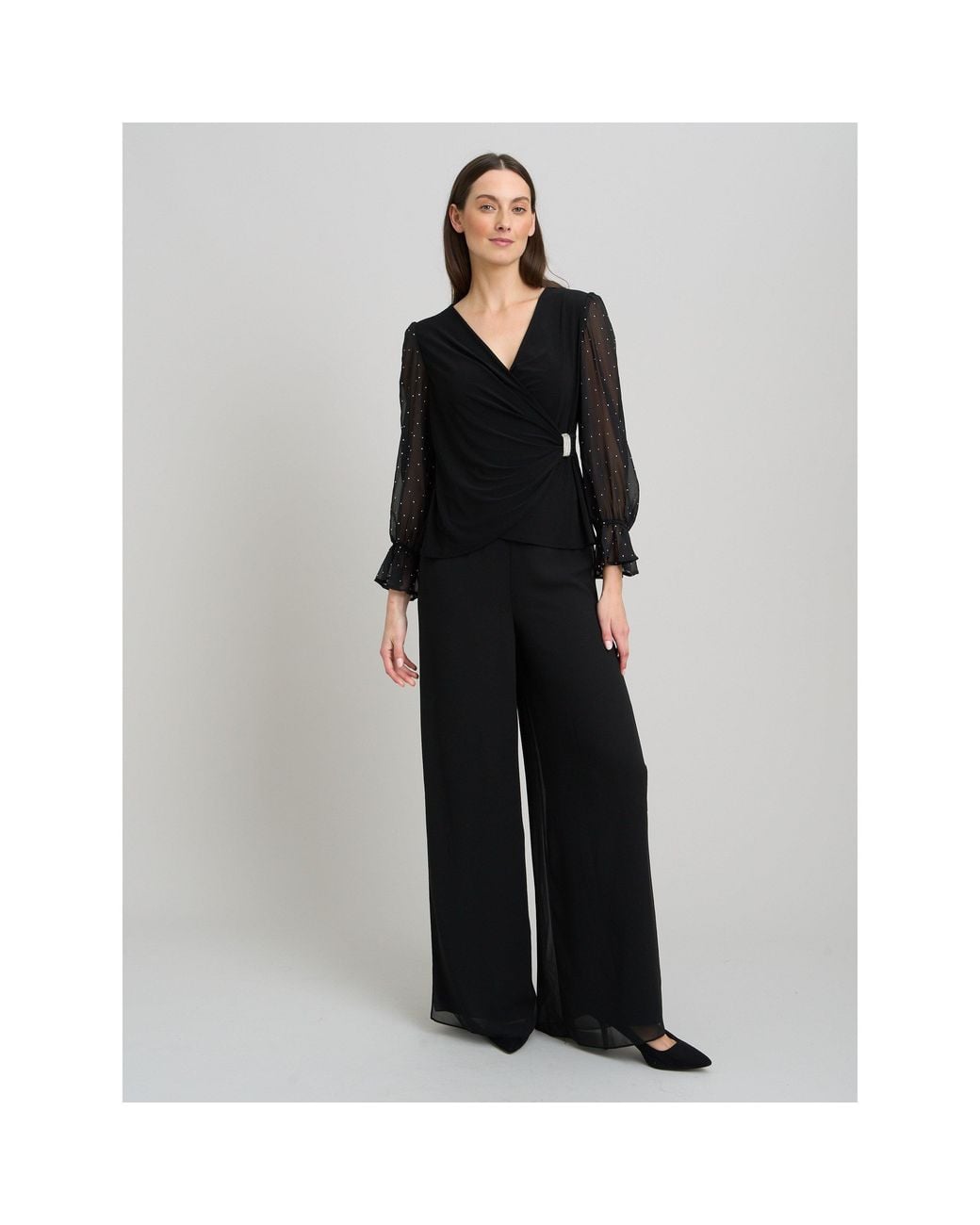 Gina Bacconi Black Jewel Wrap Top With Embellished Sleeves