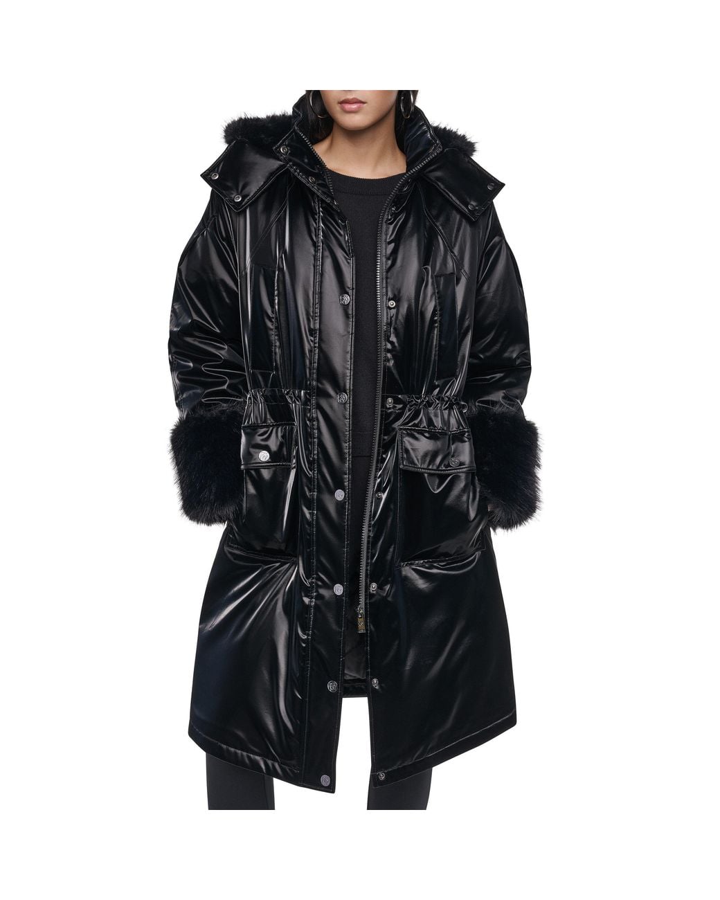 DKNY Black Sportswear Faux Fur Long Jacket