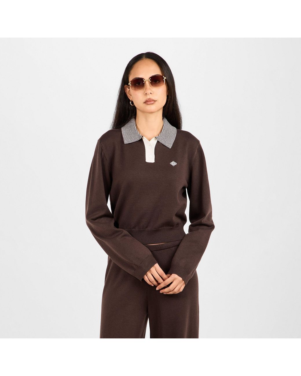 The Couture Club Brown Striped Collar Polo Shirt