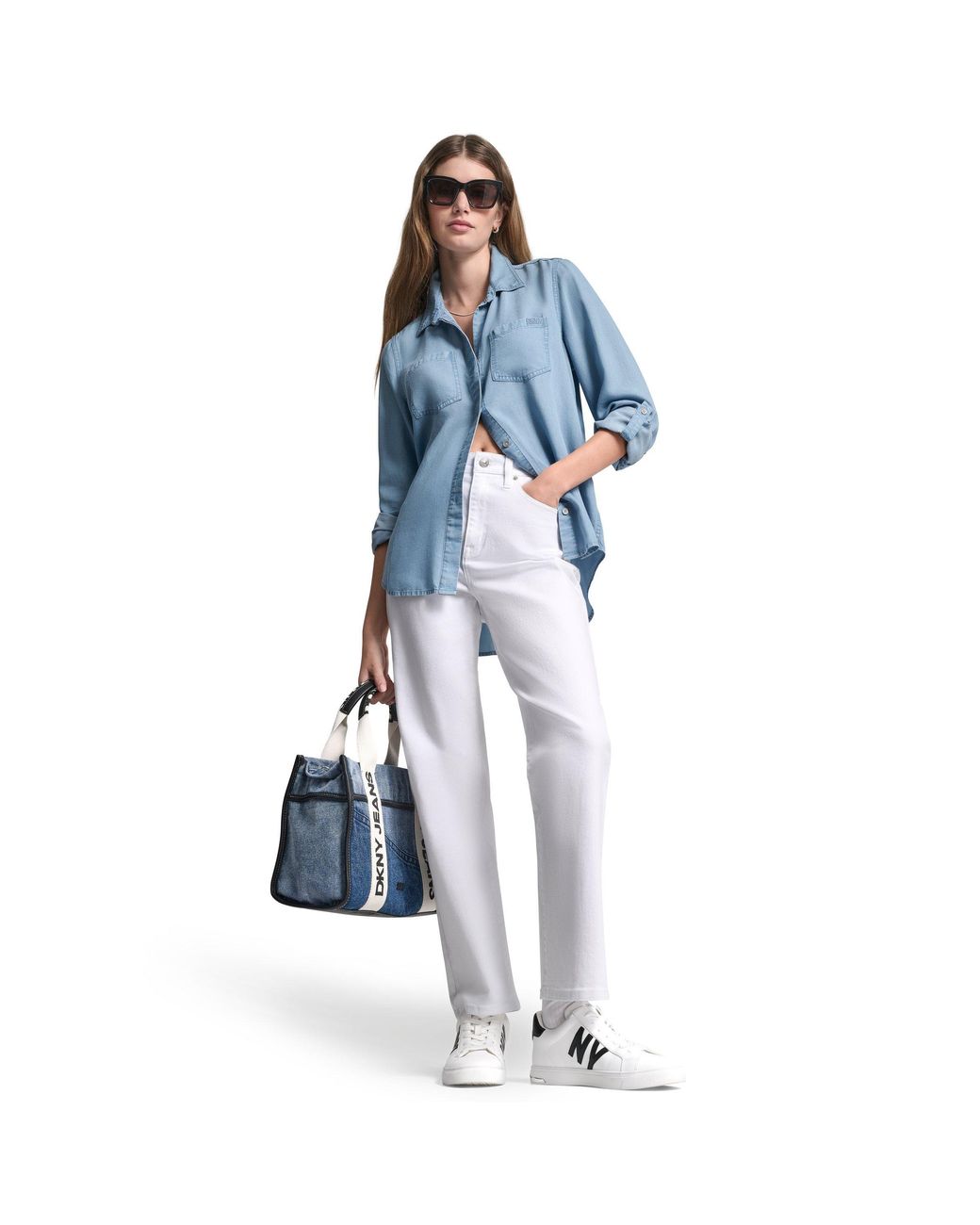DKNY Blue Jeans Split Back Button Front Tencel Shirt W/ Roll Tab Sleeve