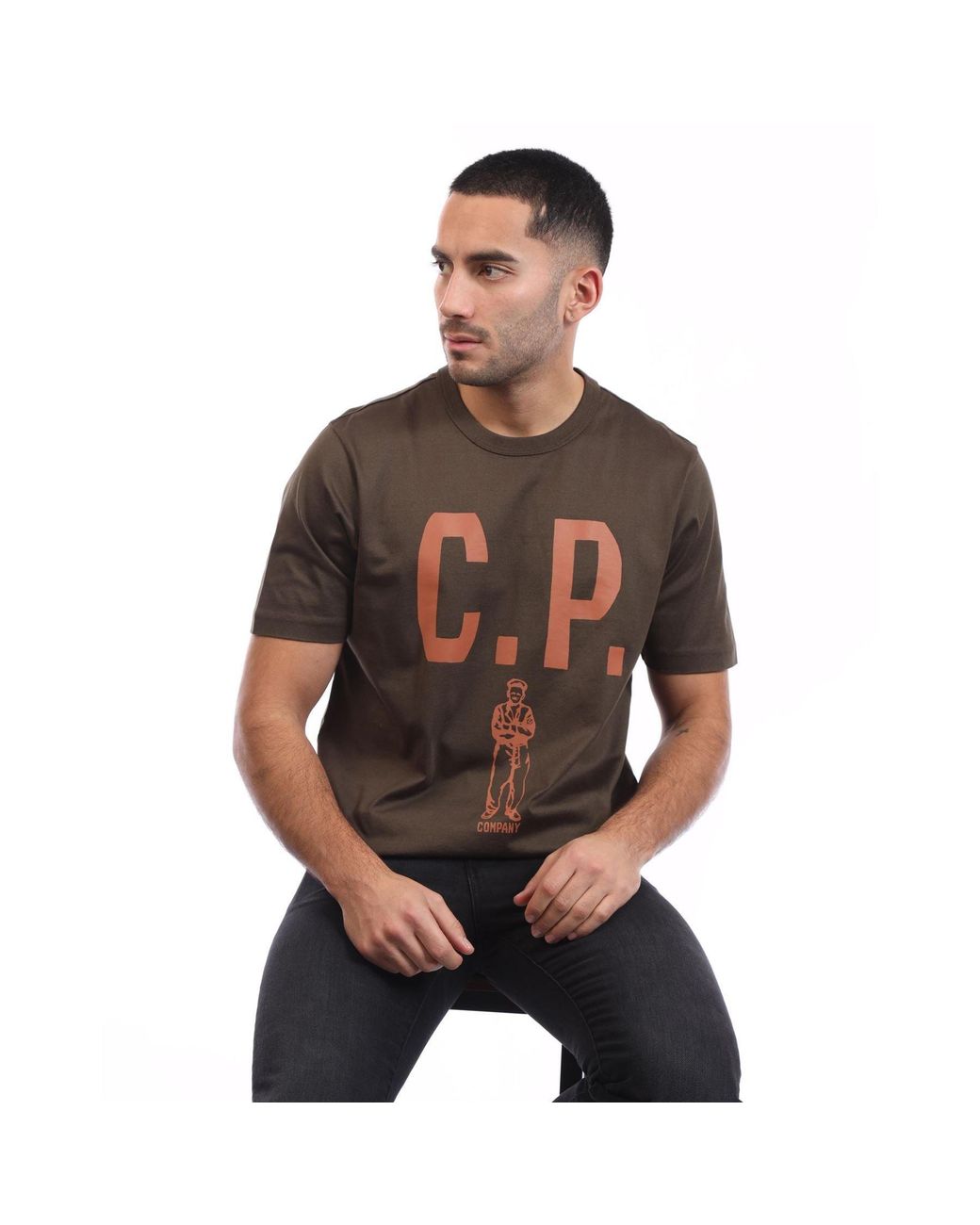 C P Company Brown Mercerized 30/2 Jersey Twisted Logo T-Shirt for men