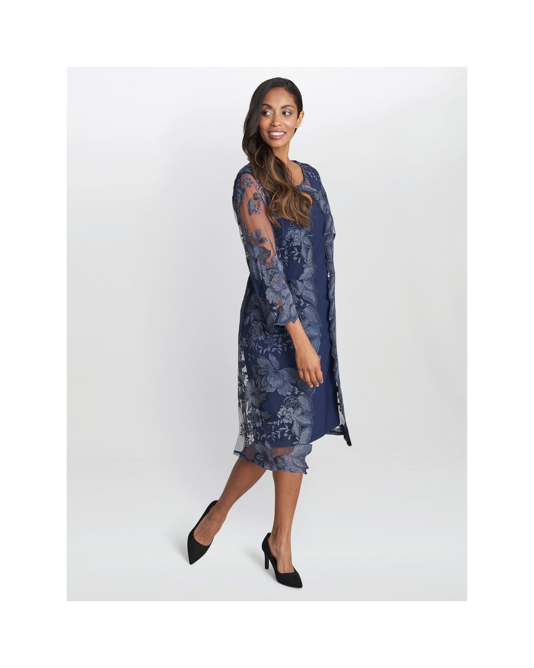 Gina Bacconi Blue Savoy Embroidered Lace Mock Jacket Dress