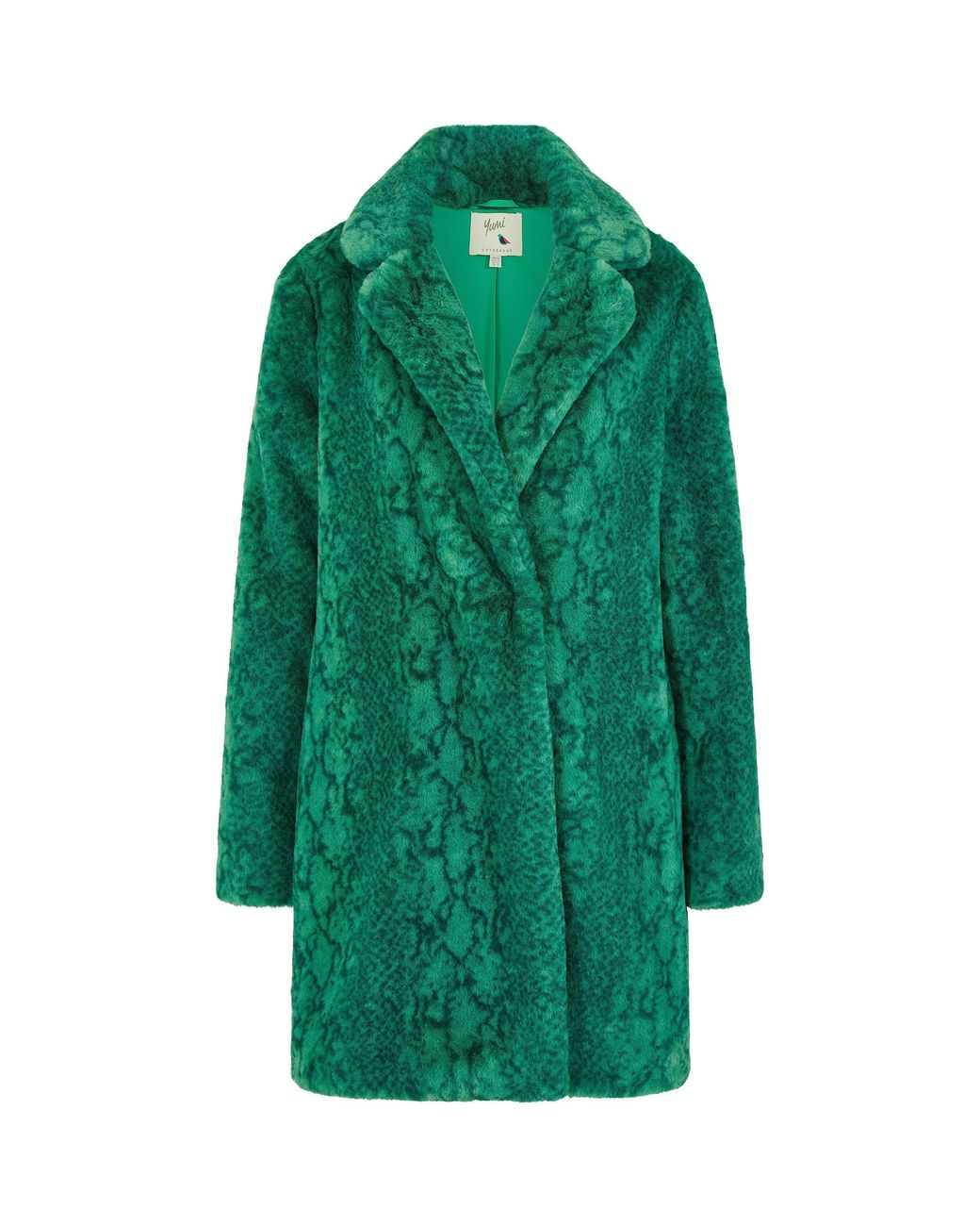 Yumi' Green Snakeskin Print Faux Fur Mid Thigh Coat